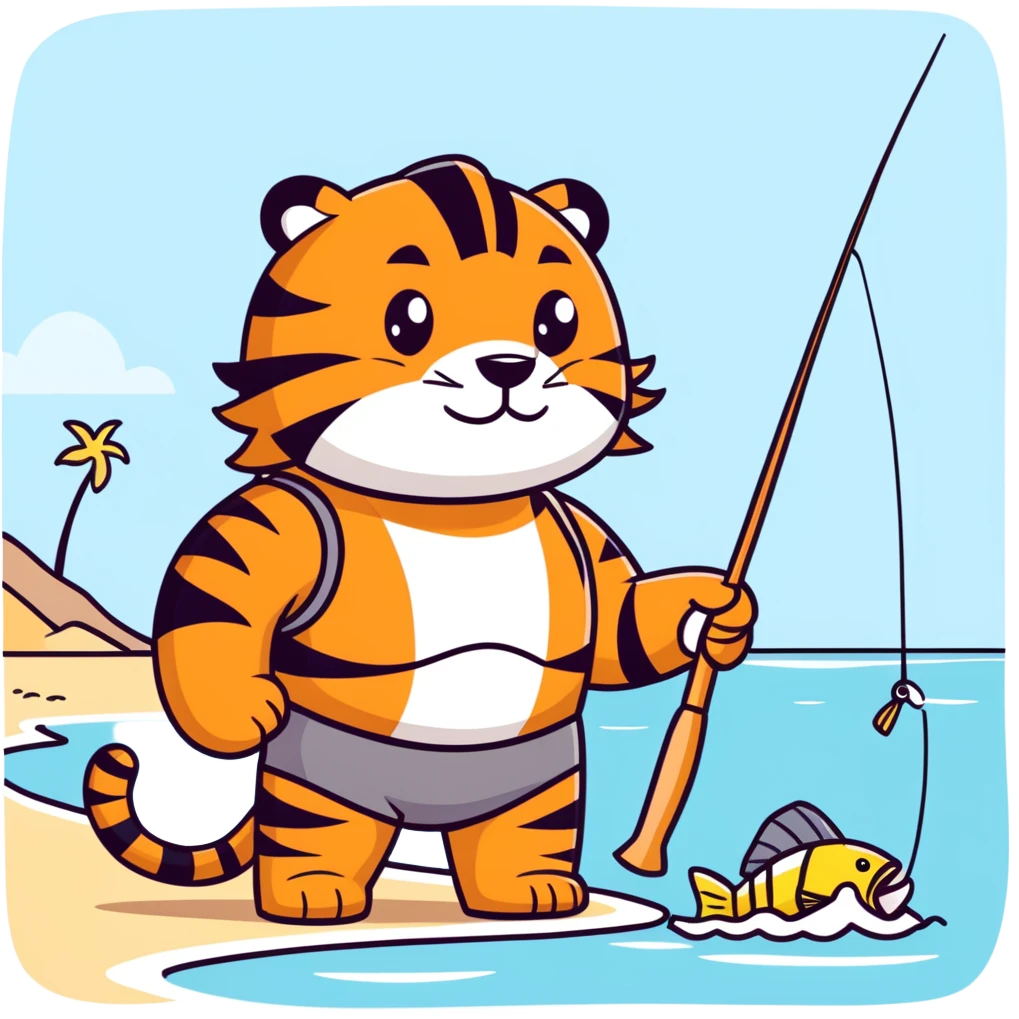 Male Tiger wearing a helmet and bathing suit fishing at the beach.  emoji