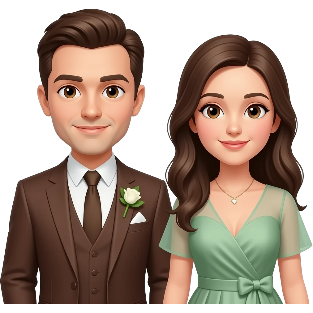 Groomsman brown suit and bridesmaid sage green dress brown eyes emoji