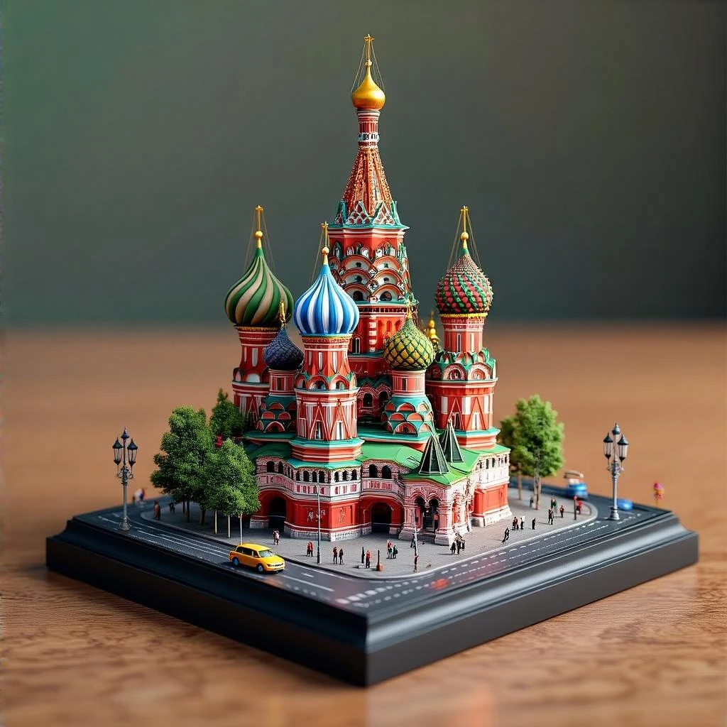 Изометричная миниатюрная фотореалистичная 3D модель Москвы на подставке - Кремль, собор Василия Блаженного, Башни Москва-Сити, четкая детализация, яркие цвета, мультяшный реализм, люди, автотранспорт и метро, компактная композиция, вид сверху в изометрии, прозрачный фон emoji