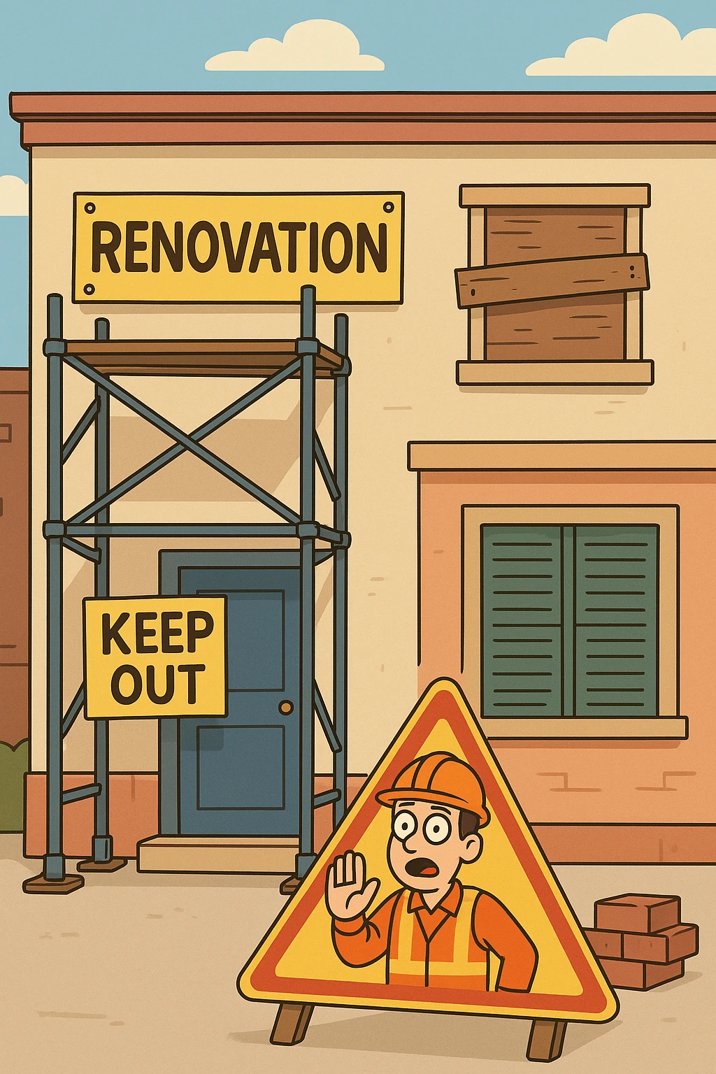 a building facade with visible renovation signs, scaffolding, and a cartoon construction sign, vibrant and inviting, cartoon style emoji