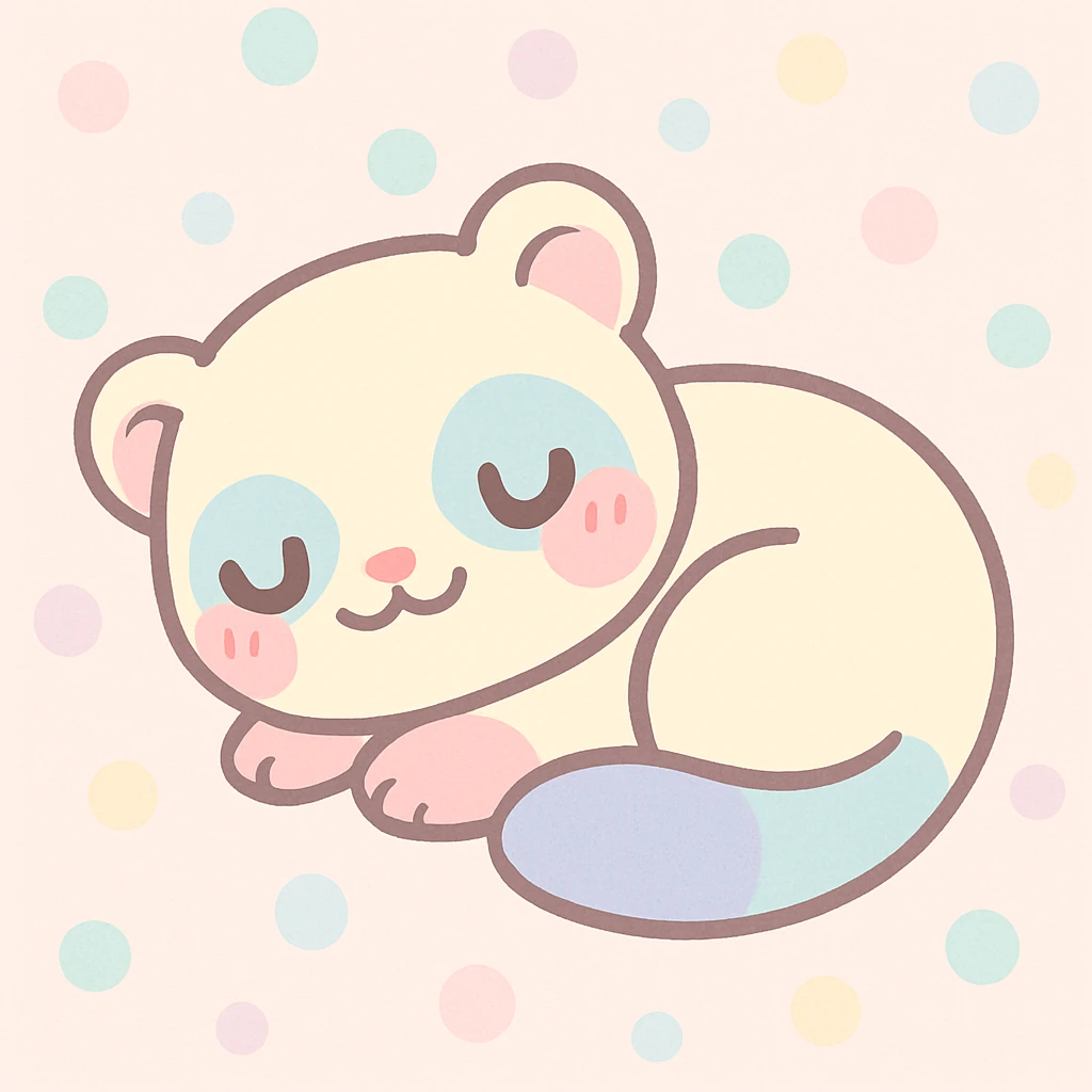 kawaii cartoon baby ferret, curled up sleeping, blushing cheeks, soft colors, simple background emoji