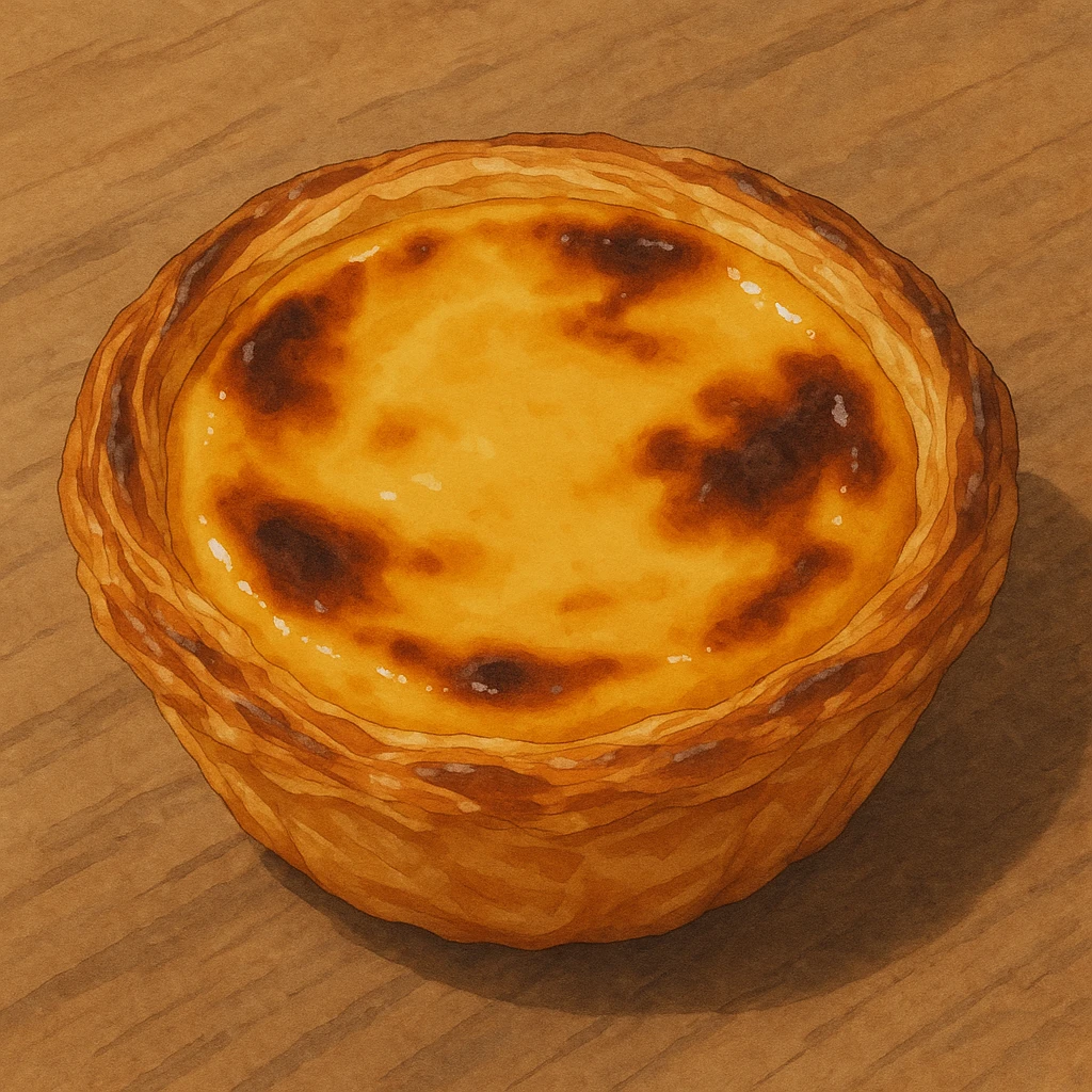 realistic illustration of a typical Portuguese pastry, pastel de nata, golden custard tart in a flaky crust, ghibli style emoji