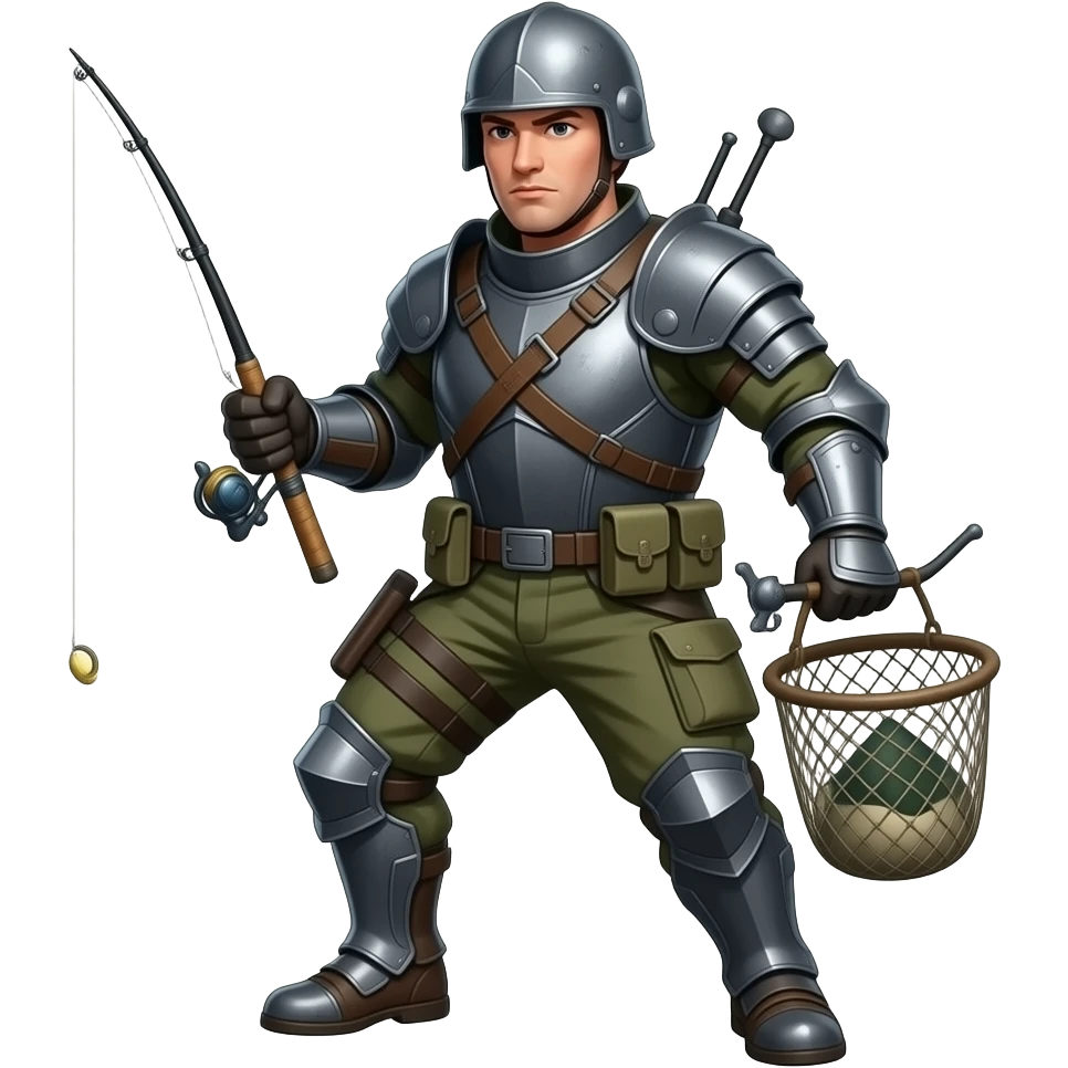 cross between a fisherman posing in a battle pose or posing in a conflict that’s a mix between an army soldier with the gear vest on and helmet in has body armor on with extra fishing gear that he would need for fishing make a cross look between a soldier and army soldier mixed fisherman emoji