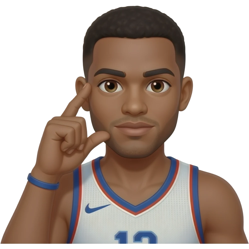 Make the mans skin light brown and a basketball player with his first and second fingers held up to his right ear and his thumb held on his lips like a phone emoji