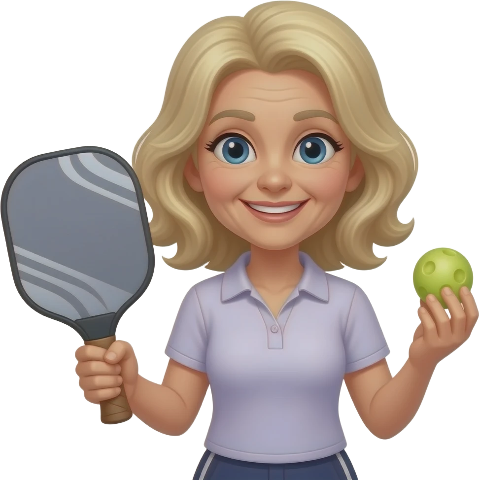 long blonde haired grandma holding a pickleball paddle with out the pickle emoji