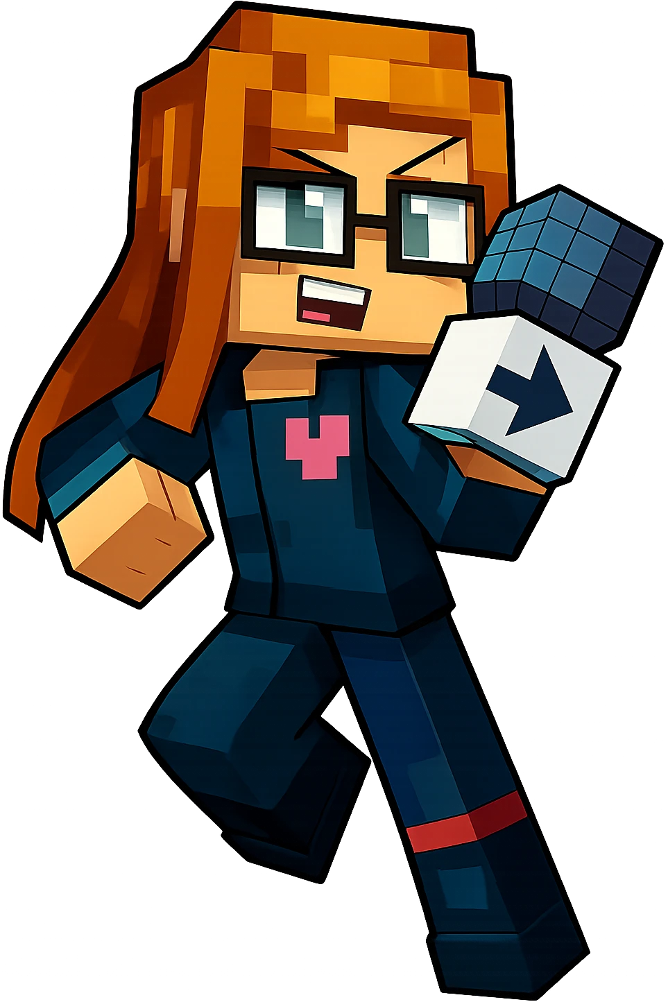 Extract only the rightmost character with orange hair, glasses, and blue outfit from the image, keeping the original Minecraft cartoon style and appearance, with a transparent background. emoji