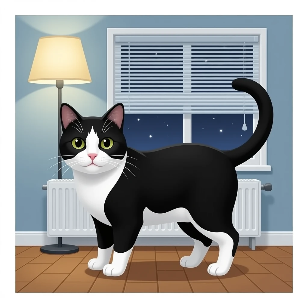 black and white cat room heater window blinds lights emoji