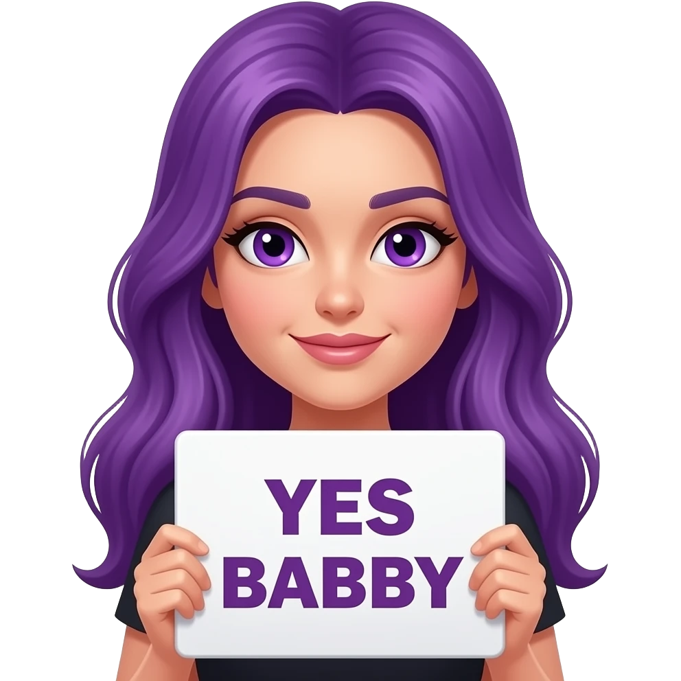 sexy girl with long purple hair and purple eyes holding a YES BABY sign emoji