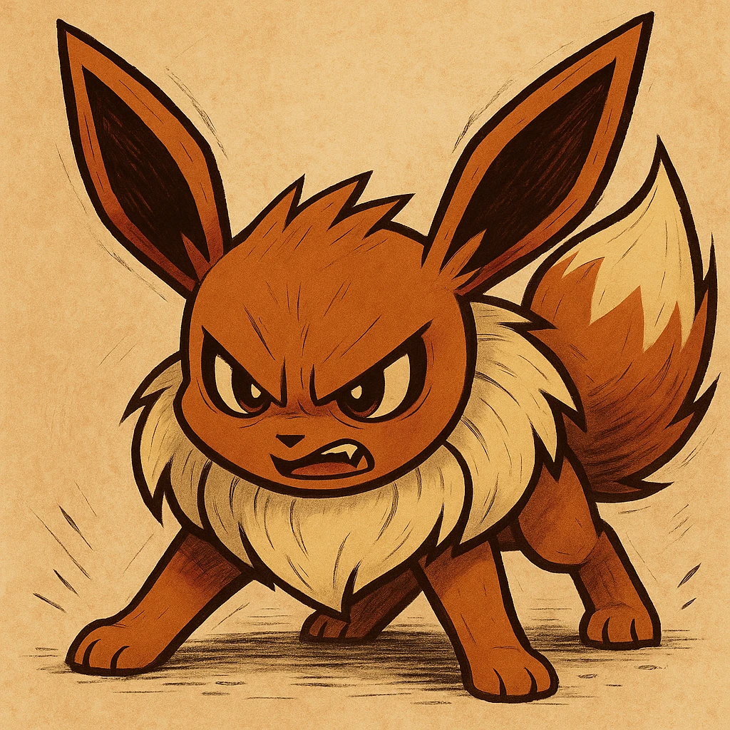 Eevee with narrowed eyes and a scowl, aggressive posture, stylized illustration emoji
