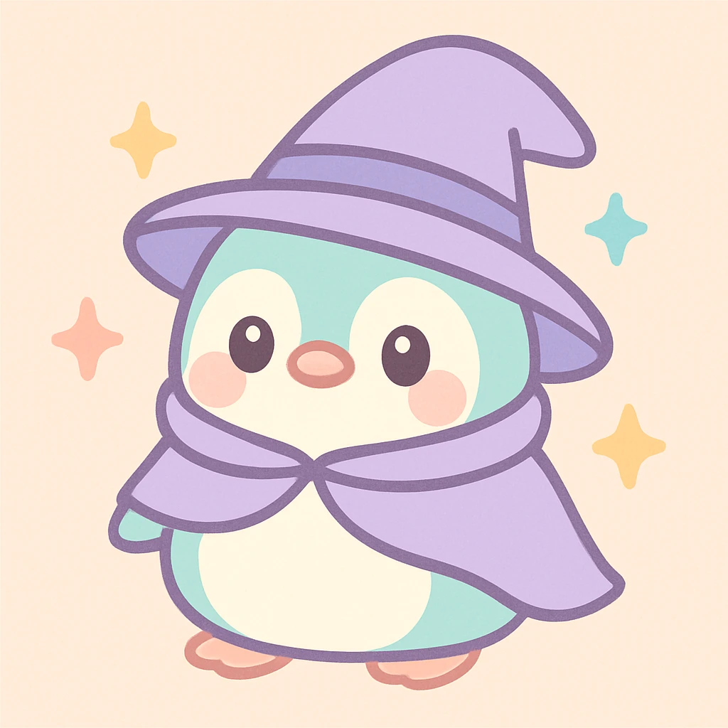 a chubby penguin with a wizard hat and cloak, surrounded by sparkles, soft rounded illustration style, kawaii style, adorable and gentle emoji