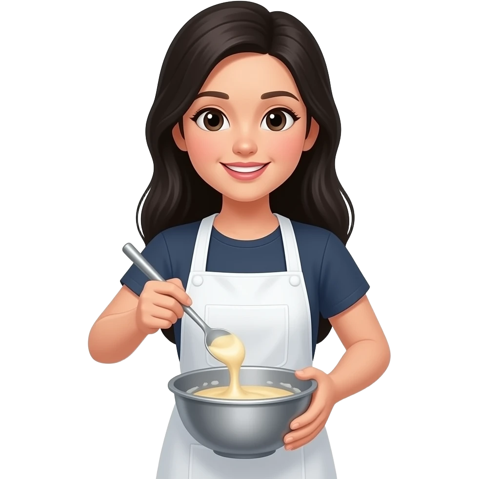 Fazendo bolo com a massa mole ainda menina cabelos preto longo emoji