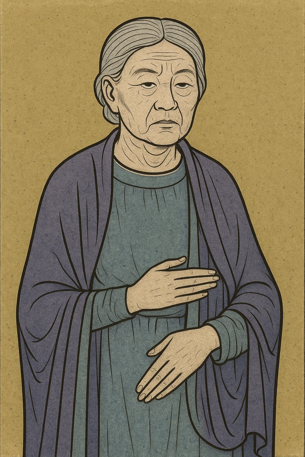 realistic illustration of old Asian lady with grey hair and stoic expression emoji