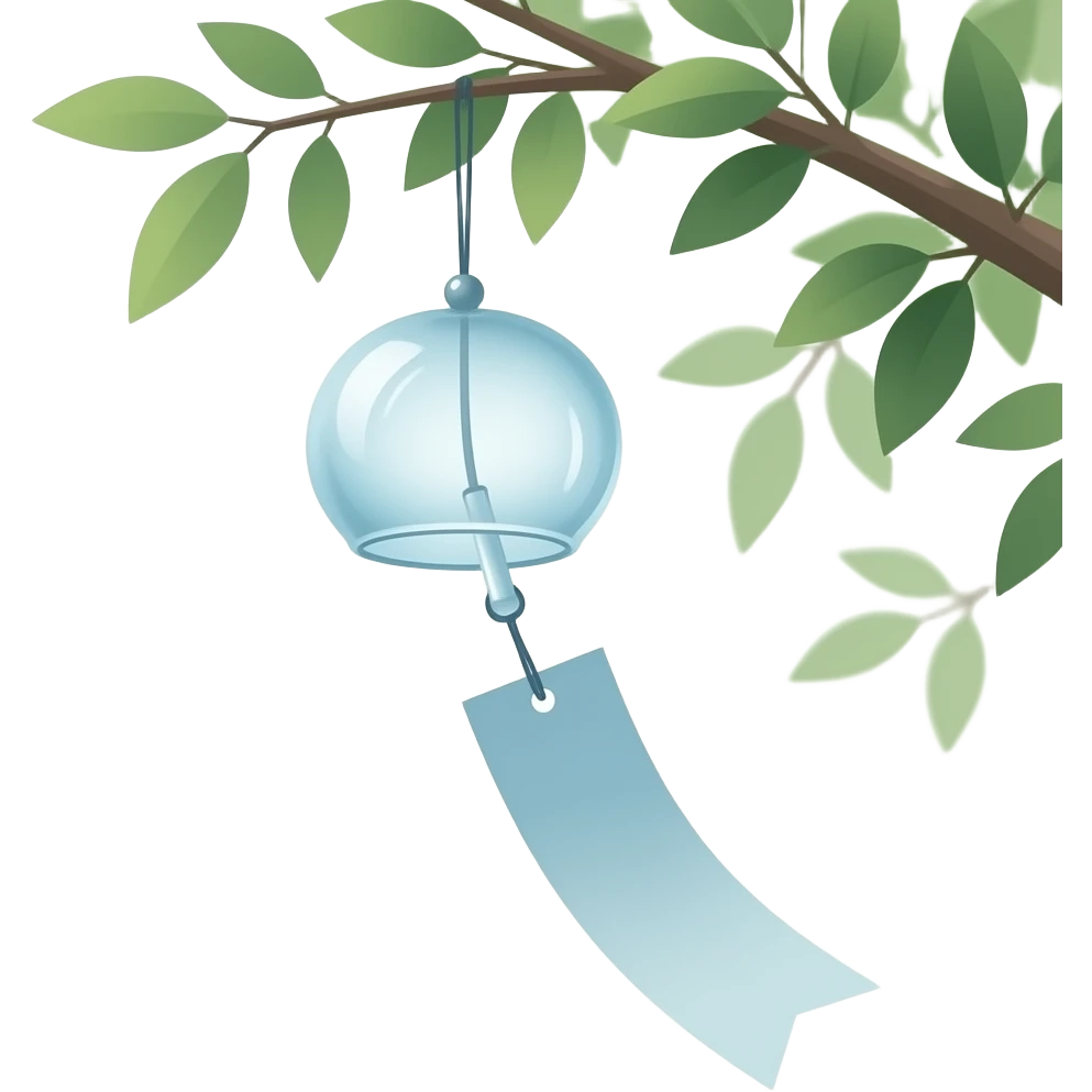 "A delicate Japanese furin wind chime hanging outdoors, with one rectangular paper strip attached below. The paper is a different color each time (random color), gently moving with the wind. Minimalist, soft lighting, calm atmosphere." emoji