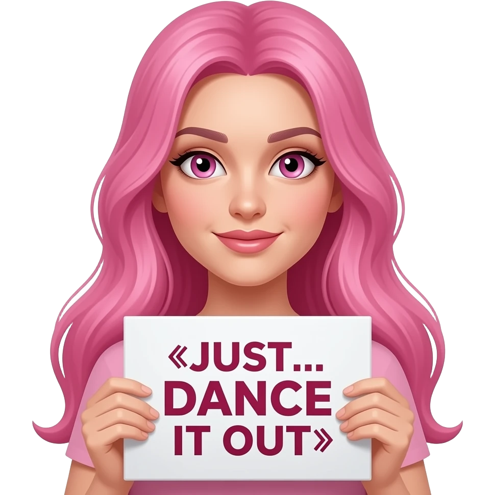 sexy girl with long pink hair and pink eyes wearing a holding a JUST... DANCE IT OUT sign emoji