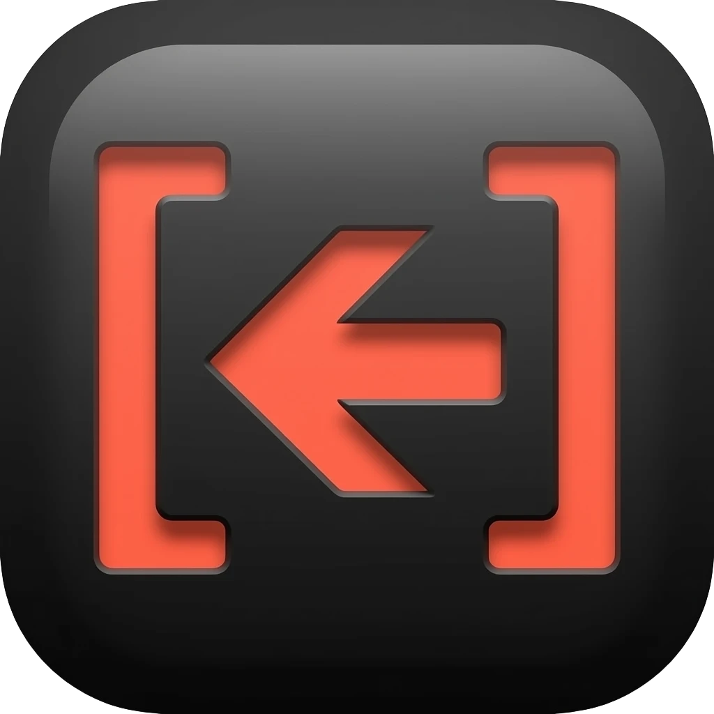 Минималистичный геометрический векторный эмодзи на глубоком черном фоне. В центре — вырезанный элемент цвета FF4500, образующий точную форму стрелки влево, заключенной между двумя квадратными скобками [ < ]. Четкие линии, эффект глубины выреза, точная репликация геометрии emoji