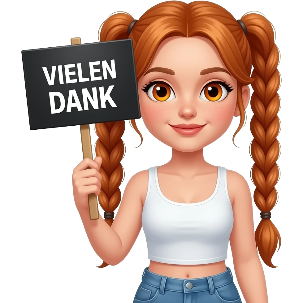 sexy girl with long ginger braids and ginger eyes wearing a white tanktop is holding a black sign with VIELEN DANK written on it emoji