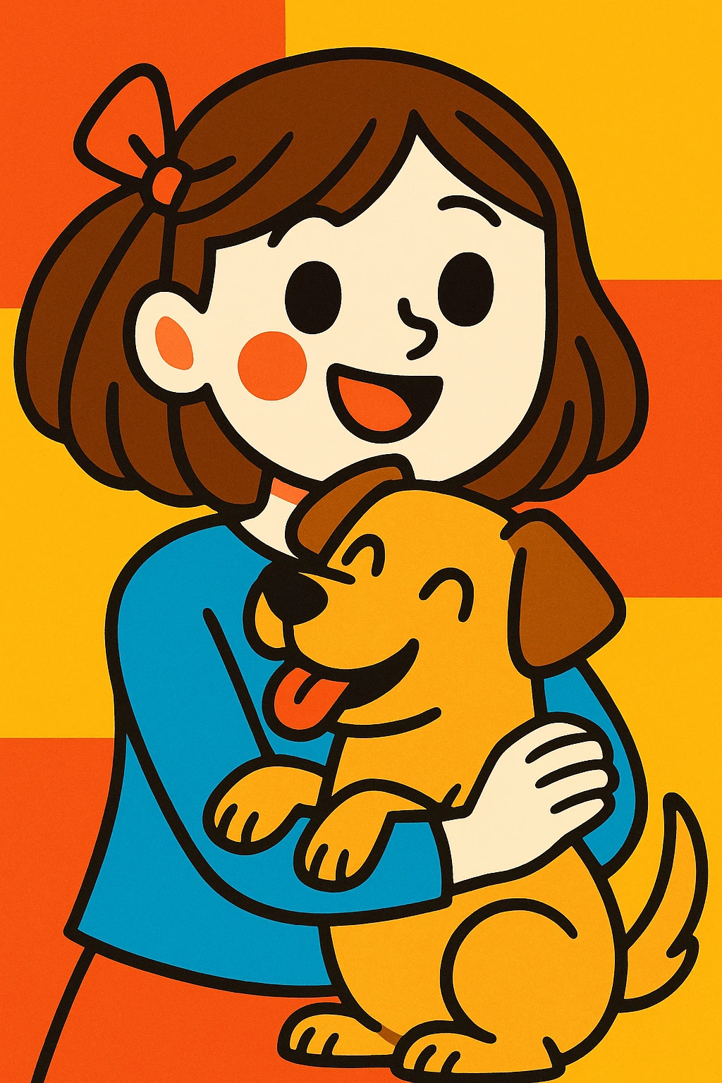 A pale girl with brown shoulder-length hair tied with a ribbon hairclip, holding a dog emoji