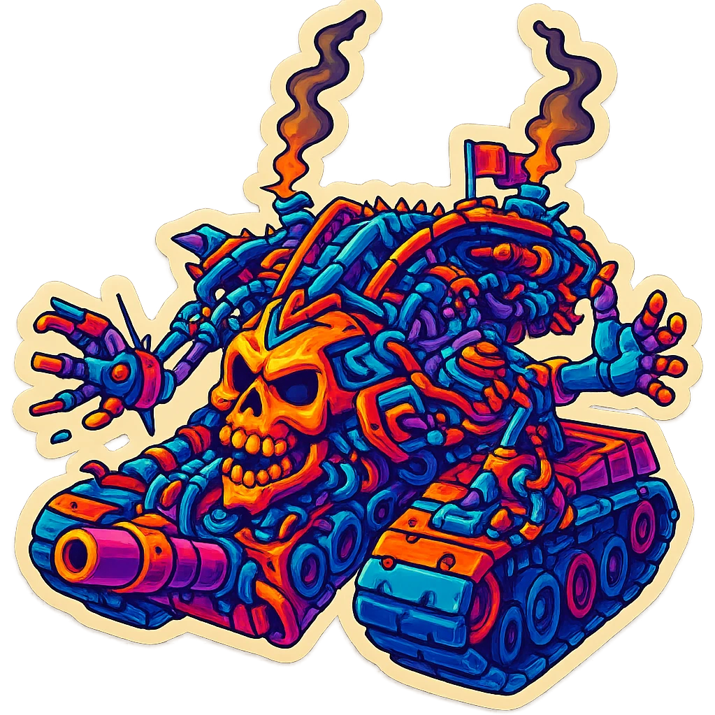 Edit the skull robot tank with 4 arms in retro stickers style with vibrant colors and clean outline on a transparent background, maintaining the retro sticker aesthetic and vibrant color scheme. emoji