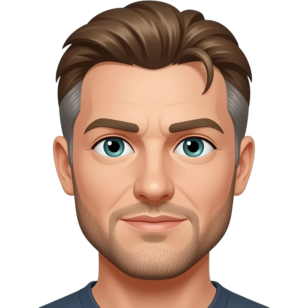 Mullet with side flares, hazel blue green eyes, some grays with mostly hazel hair, 5 o’clock shade beard emoji