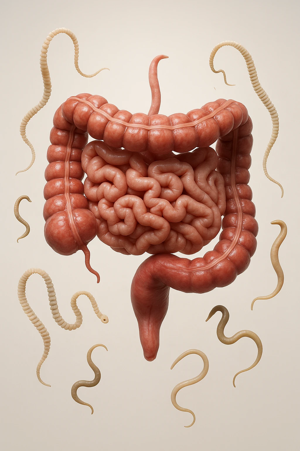INTESTINO UMANO ANATOMICO REALISTICO FLUTTUA IN ARIA INSIEME A PARASSITI COME LA TENIA, SFONDO CHIARO, iperrealistico 4k emoji