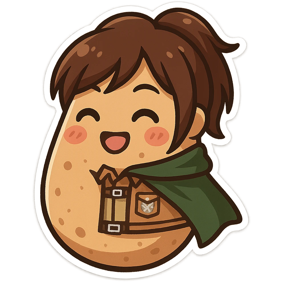 Potato with a happy face, referencing Sasha, Attack on Titan theme, emoji style emoji
