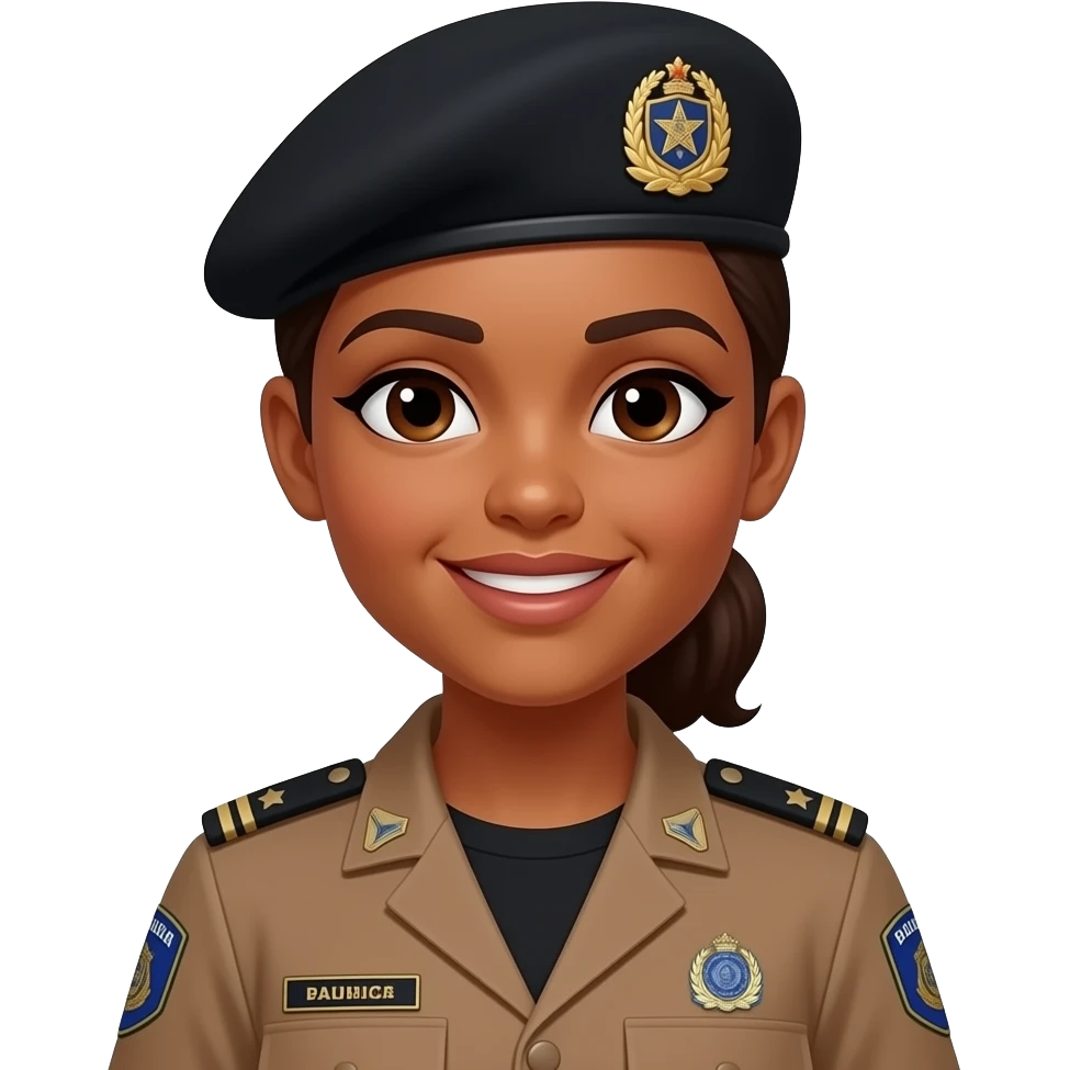 Policial militar da bahia feminina morena com cabelo amarrado boina preta e farda marrom e camisa preta por dentro da farda emoji