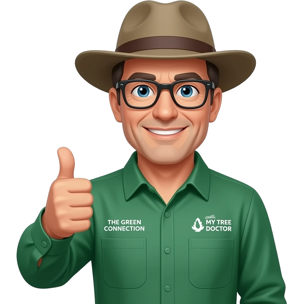 middle-aged man 45 years blue eyes. Dark-rimmed rectangle glasses, in a green-collared, long-sleeve shirt.  Flatter wide-brim Akubru hat. Giving a thumbs up. Insert 'THE GREEN CONNECTION' in white directly onto the left pocket & onto the right pocket, place 'MY TREE DOCTOR' emoji