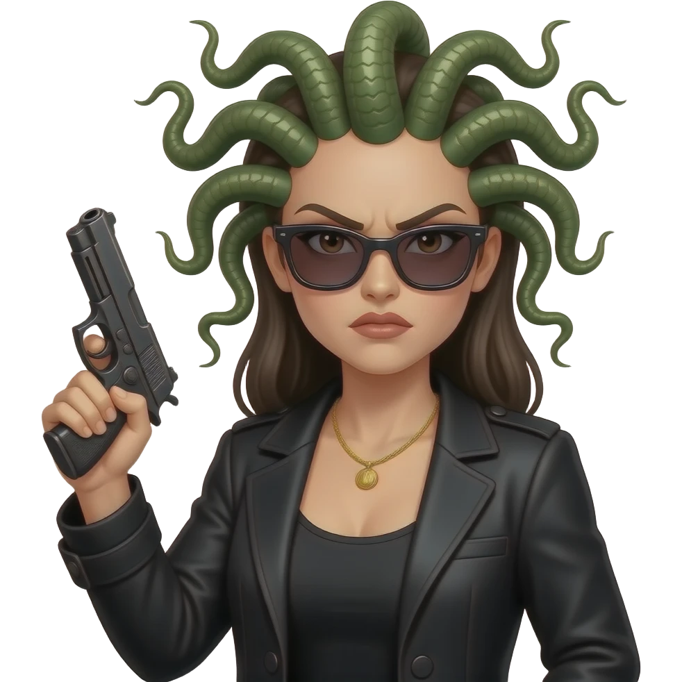 Angry beautiful female Medusa in black coat with sunglasses holding gun emoji