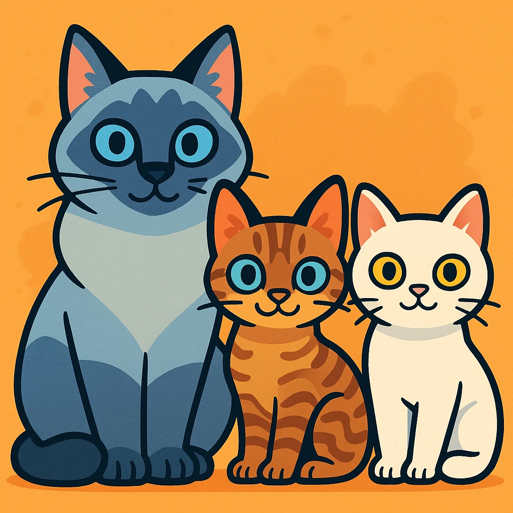 group of three cats in a row, cartoon style: leftmost is a big blue point Birman male with blue eyes, middle is a small brown tabby Devon Rex female with pale blue eyes, rightmost is a small white British Shorthair female with yellow eyes, all facing forward emoji