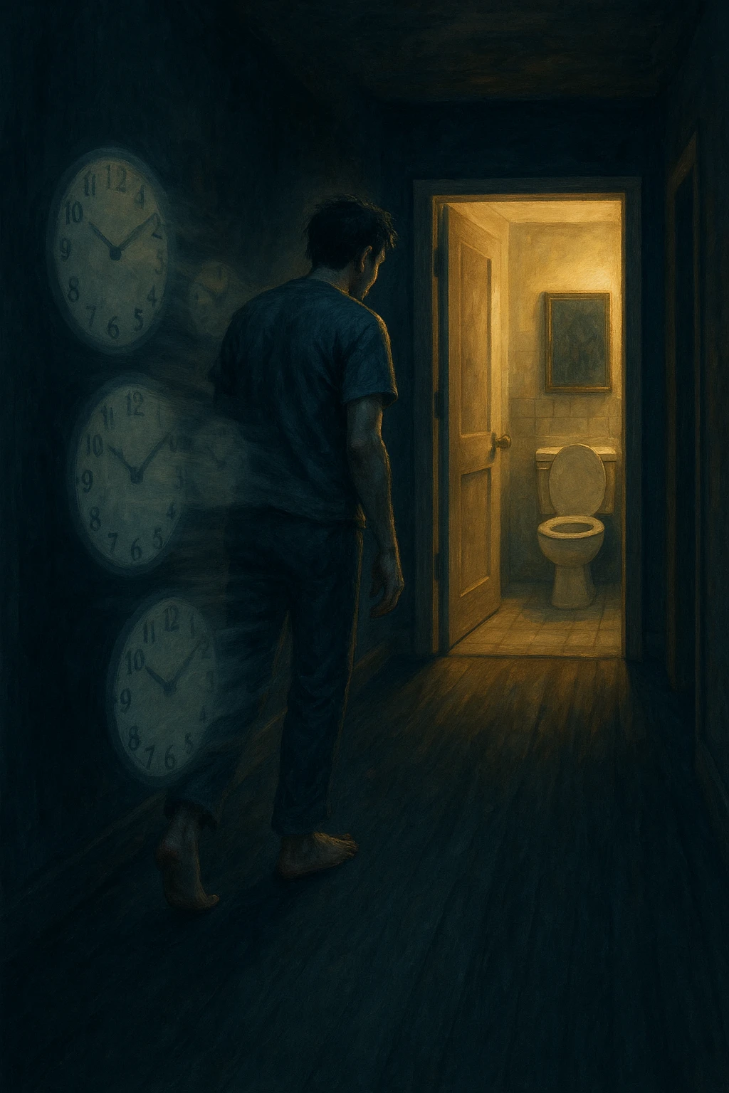 In una scena notturna onirica, un uomo cammina a piedi nudi in un corridoio buio verso un bagno illuminato, ripetutamente. Dietro di lui, come in una scia, ci sono orologi sfocati che simboleggiano il sonno interrotto. Ogni passo è lento, stanco, come se il corpo chiedesse riposo ma la vescica non lo permettesse. emoji