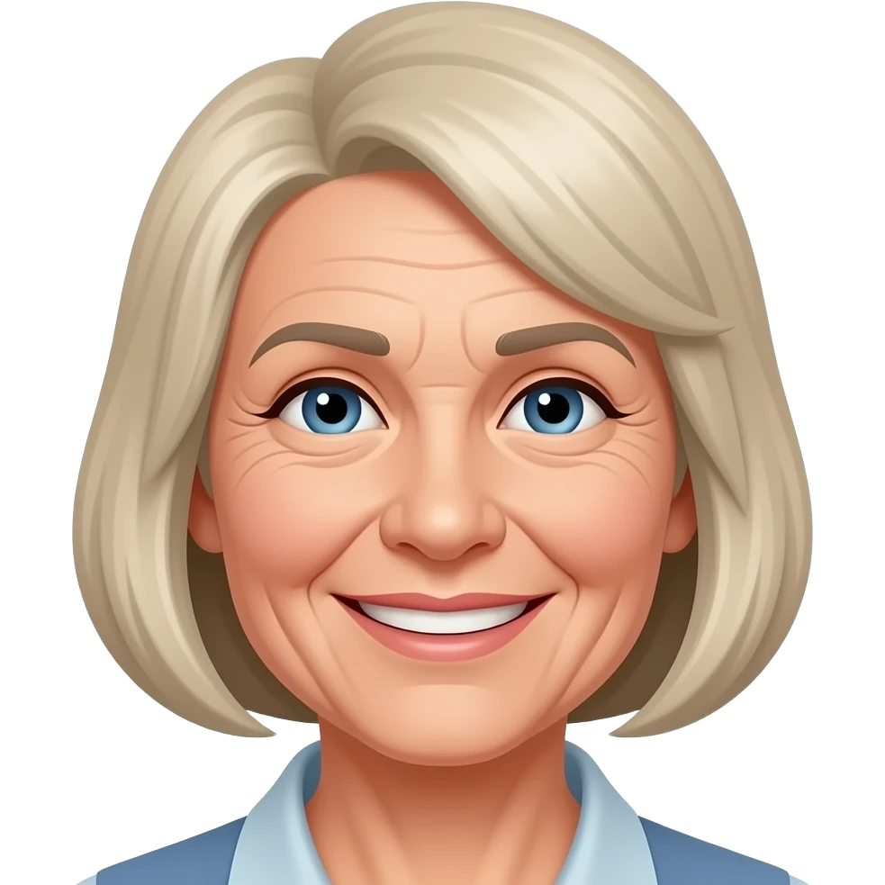 Elderly smiling woman with small blue eyes thin brown eyebrows no bangs graying blond hair medium bob and wrinkles emoji