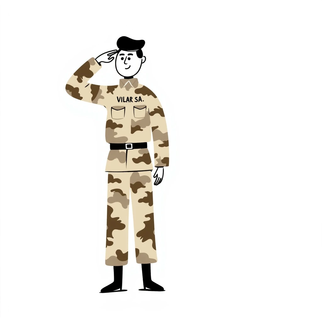 soldadito con uniforme camuflado en tonos beige, marrón y crema, con la inscripción 'Vilar S.A.' en el pecho, haciendo saludo militar, estilo dibujo a mano alzada emoji