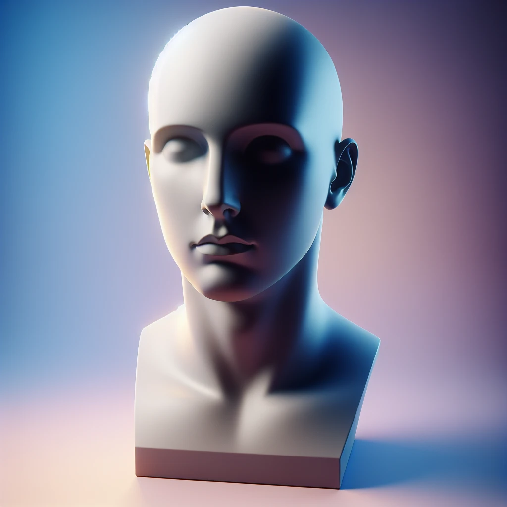 Minimalist 3D avatar, stylized human bust, smooth matte plastic texture, soft cinematic lighting, blue and purple gradient background, futuristic clean design, simple geometry, round shapes, subtle rim light, clay render style, modern digital illustration, octane render. emoji