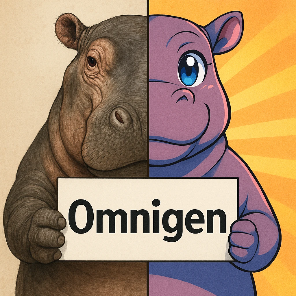 a hippo holding sign of omnigen, half picture hippo is realistic another hald is the anime of that same hippo emoji