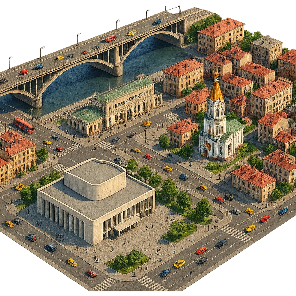 Изометричная чёткая миниатюрная фотореалистичная 3D модель панорамы Красноярска — Николаевский мост, Благовещенская церковь, Красноярск-пассажирский, Красноярский театр оперы и балета, дома, люди, автотранспорт. Ультравысокая детализация, острые и чёткие контуры, прорисованные границы зданий и дорог, архитектурная точность, резкие тени и текстуры, акцент на чёткости линий. Вид сверху в изометрии, яркие цвета, прозрачный фон, автотранспорт и пешеходы, компактная композиция. emoji