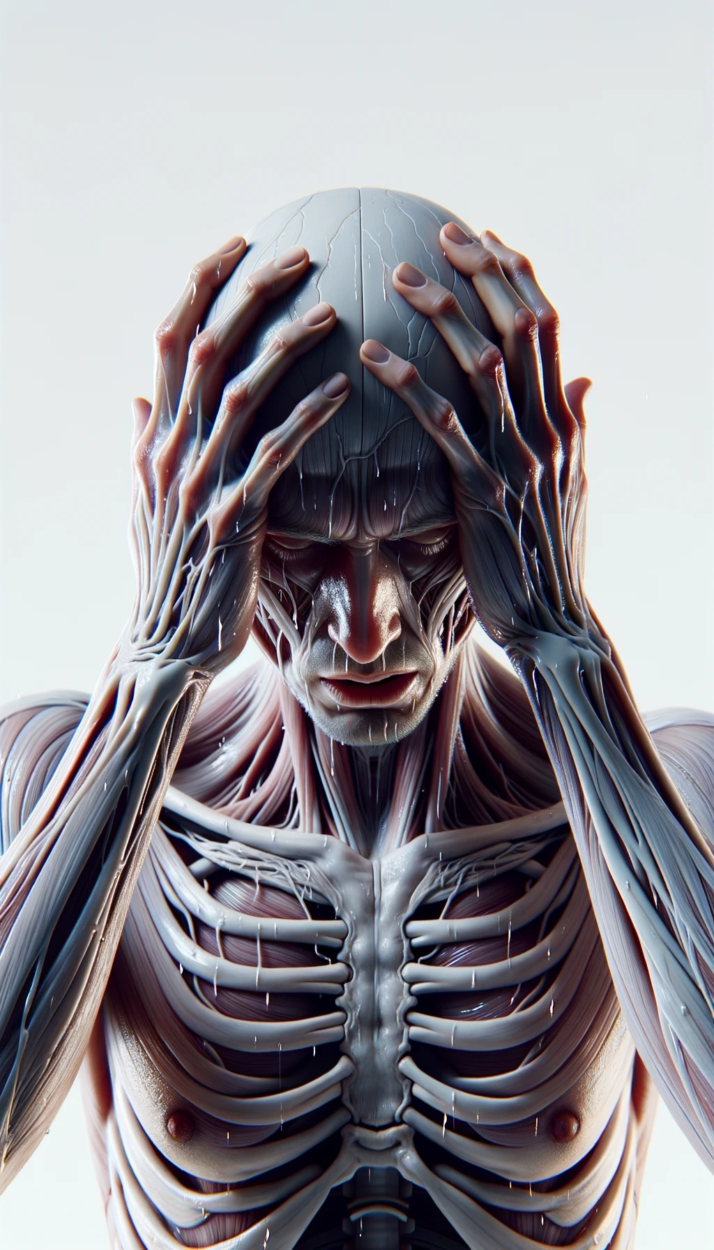 CORPO UMANO ANATOMICO REALISTICO DISPERATO, SI TIENE LE MANI SULLA FRONTE E NON SA COSA FARE, SUDATO, IPERREALISTICO 4K, SFONDO BIANCO emoji