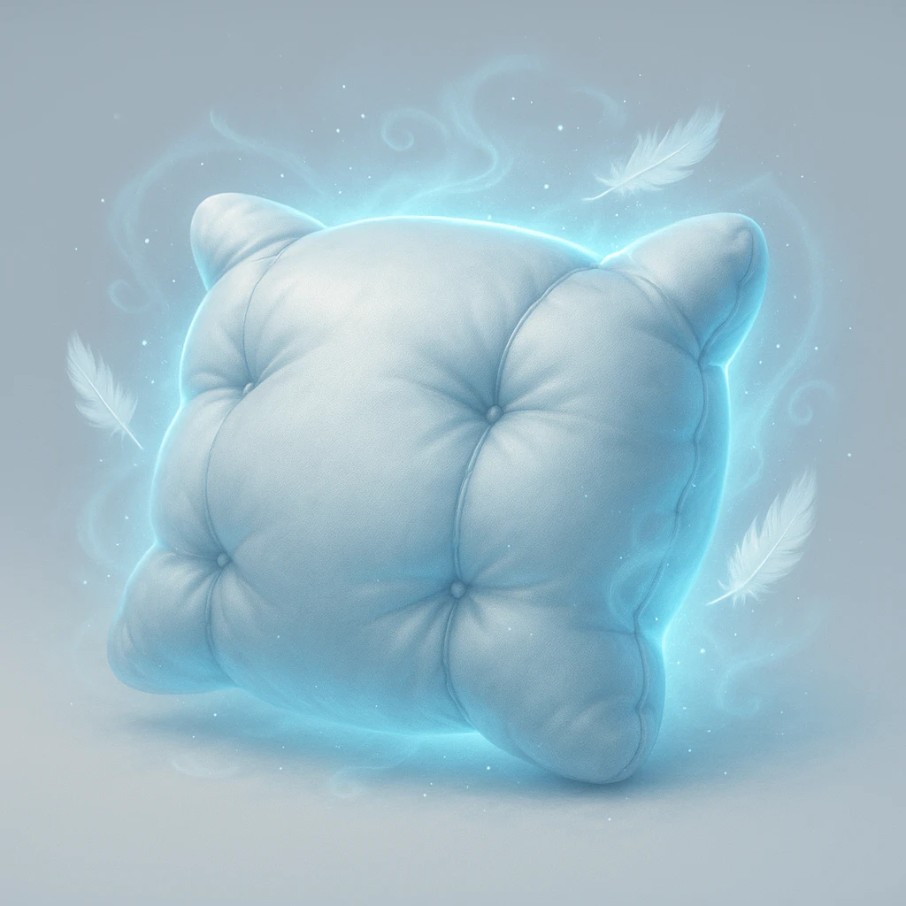enchanted pillow radiating cool silver and blue light, with misty swirls and sparkling feathers, frost aura and magical energy supporting a peaceful dreamy sleep symbolizing pain relief and comfort emoji