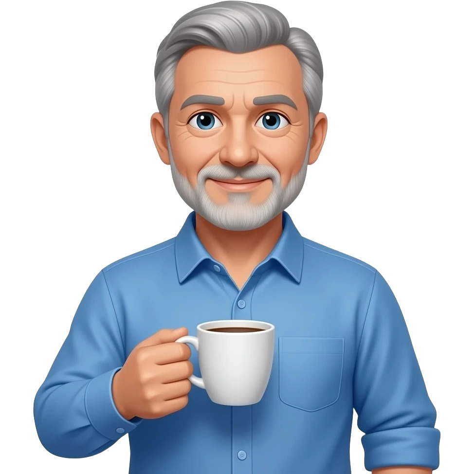 WHITE MAN IN HIS 50S WEARING A BLUE BUTTON UP HOLDING A CUP OF COFFEE emoji
