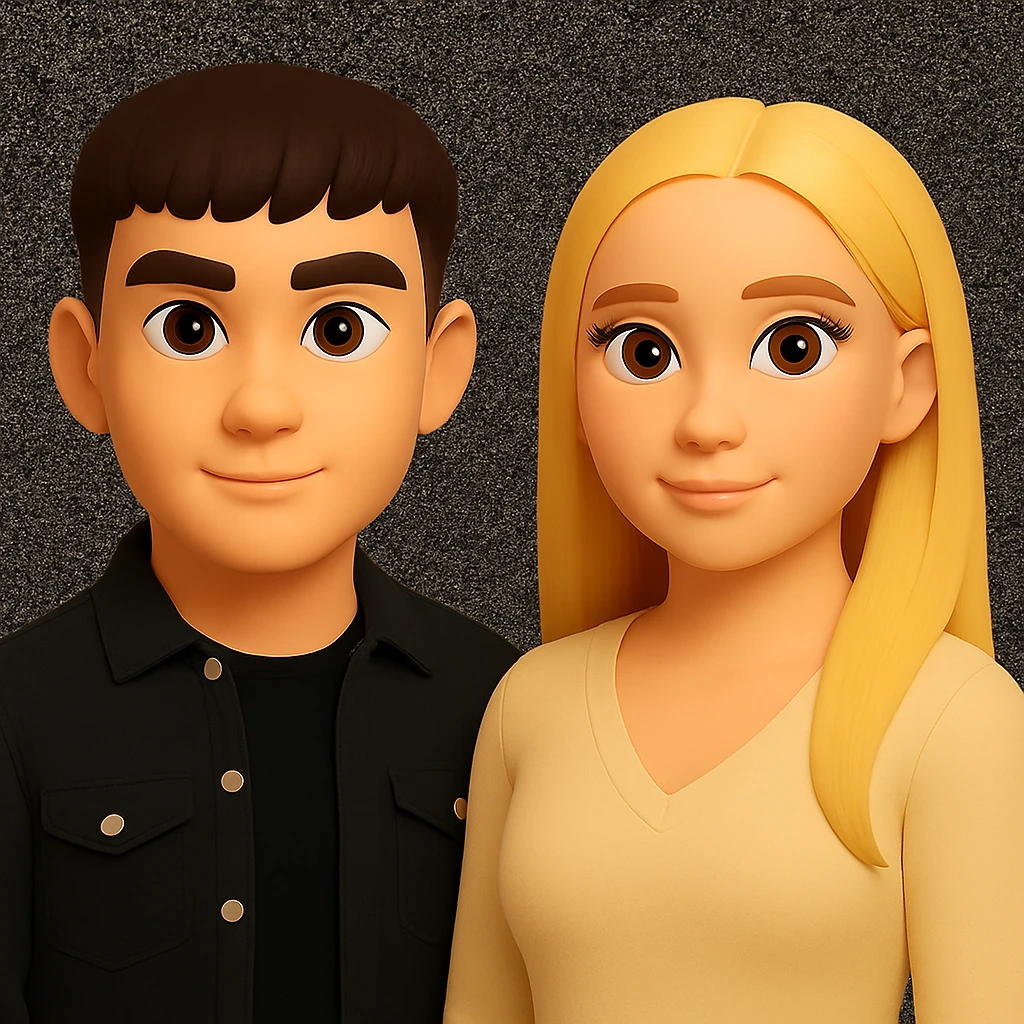 Make the people in the image stand slightly farther apart from each other, while preserving the original style and background. emoji