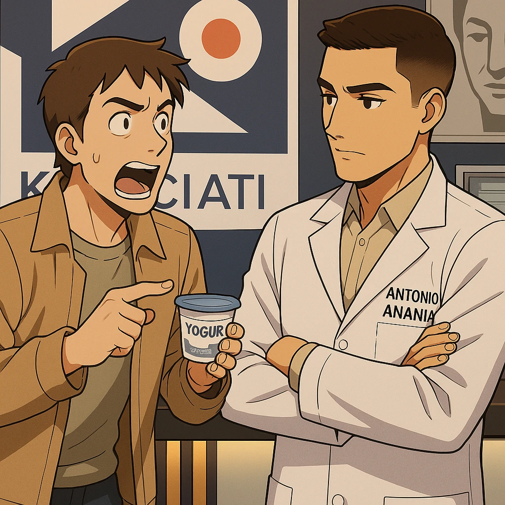 fai un webtoon manga a colori con questo stile, in cui un uomo chiede al kinesiologo con il camice bianco (fagli anche la scritta "ANTONIO ANANIA" SUL CAMICE, una domanda e il kinesiologo gli risponde, L'UOMO INDICA LO YOGURT CHE HA IN MANO ED è MOLTO ALLARMATO NEL FARE LA DOMANDA. non fare i fumetti però, fai solo in modo che sembri stiano parlando emoji
