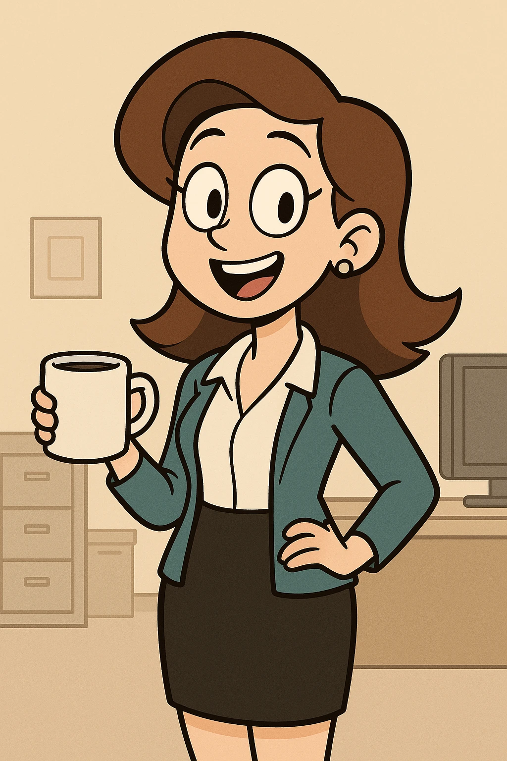 cheerful office girl holding a coffee mug, modern cartoon style emoji