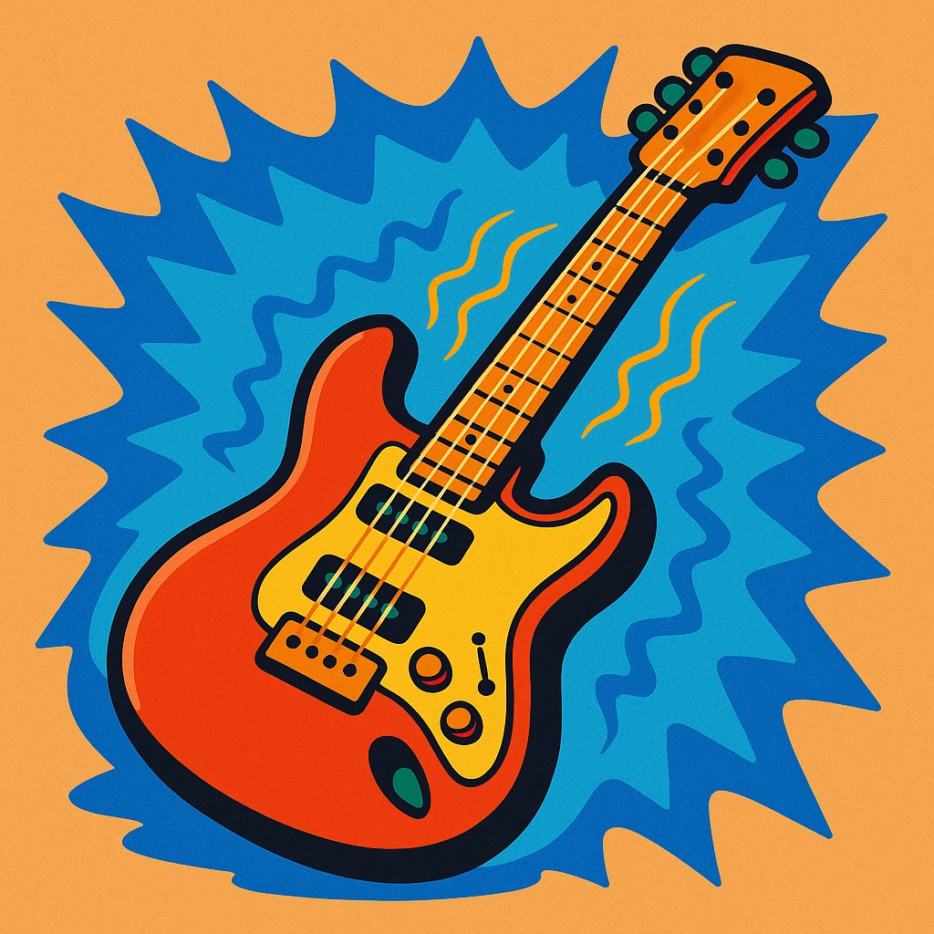 electric guitar with blue aura and vibrating strings, vibrant and energetic cartoon style emoji