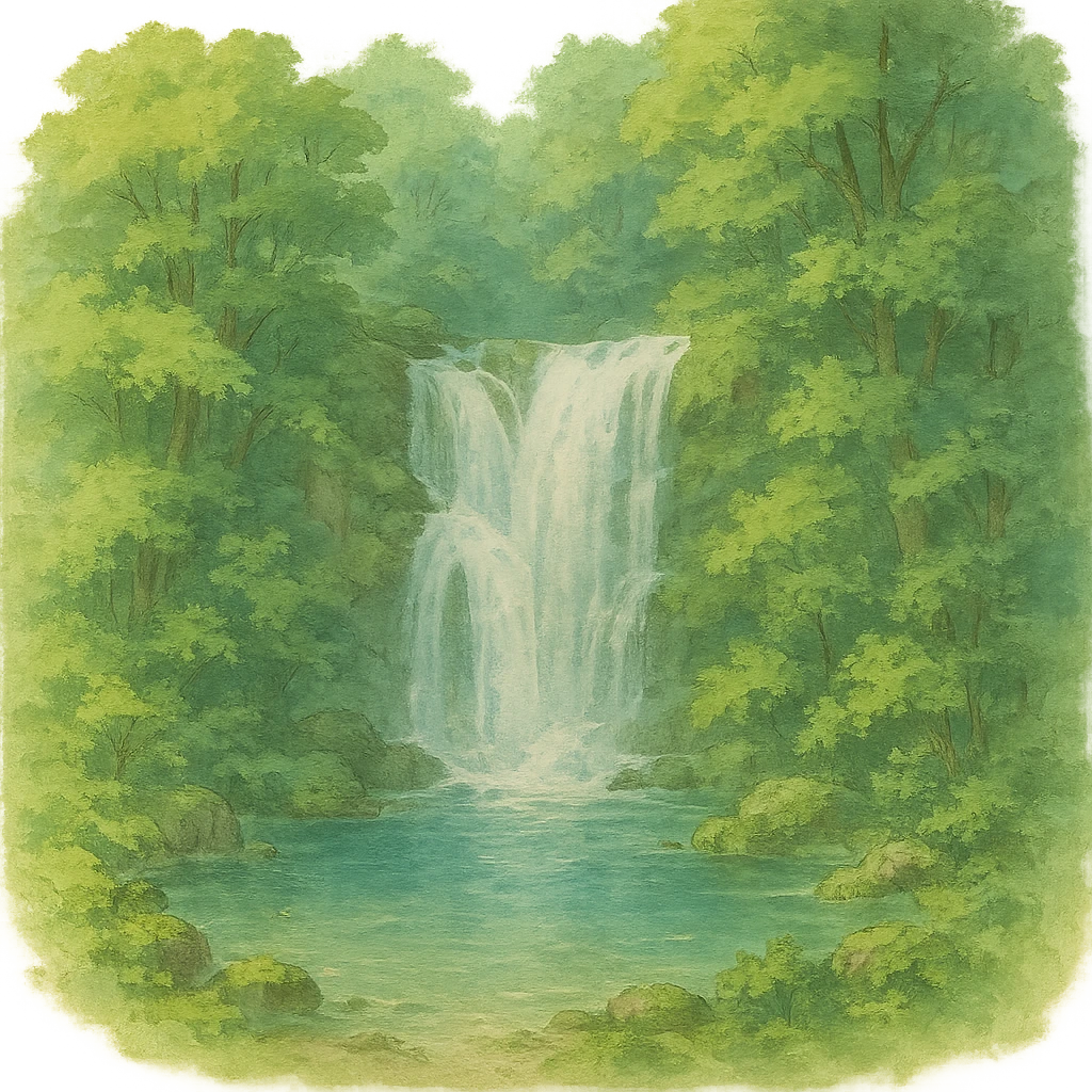 waterfall then lake and the rest of the waterfall in forest, natural colors, soft, fairy-like atmosphere, no background, square size emoji