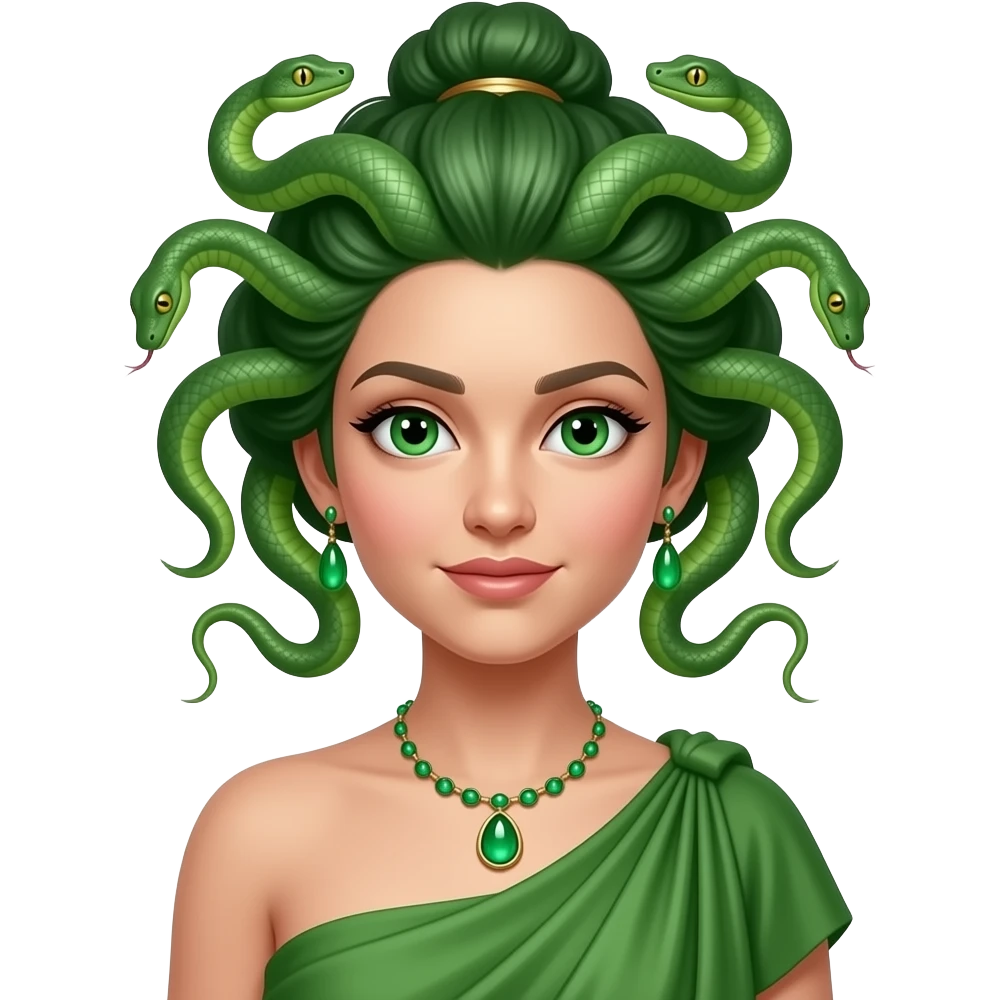 Medusa from Roman Mythology with green eyes, green snake updo hair, green peplos, necklace and earrings emoji