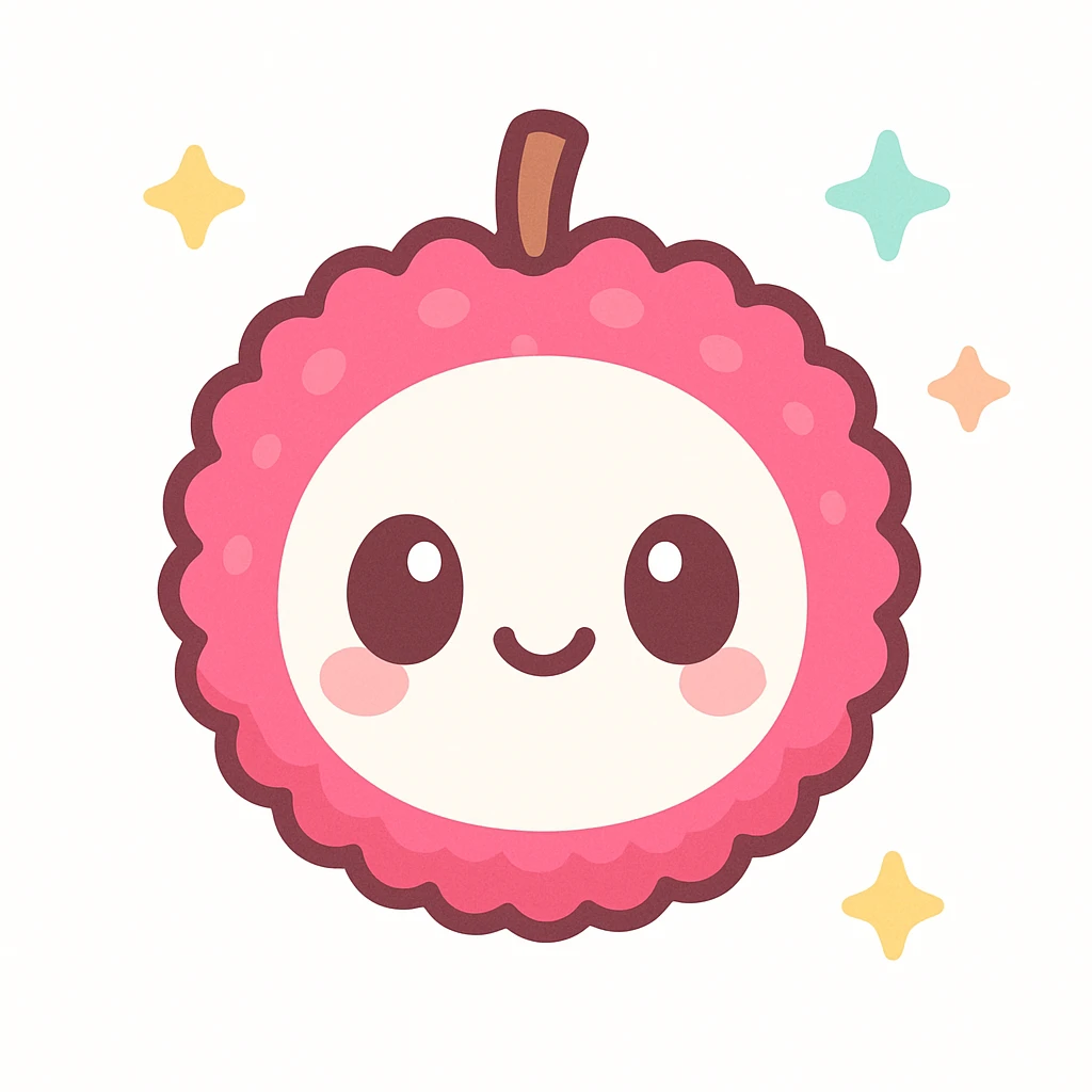 playful colorful kawaii lychee emoji, round white face, big shiny eyes, happy smile, bright pink bumpy skin, small brown stem, glossy 3D look, soft shading, detailed texture, cheerful expressive plush toy style emoji