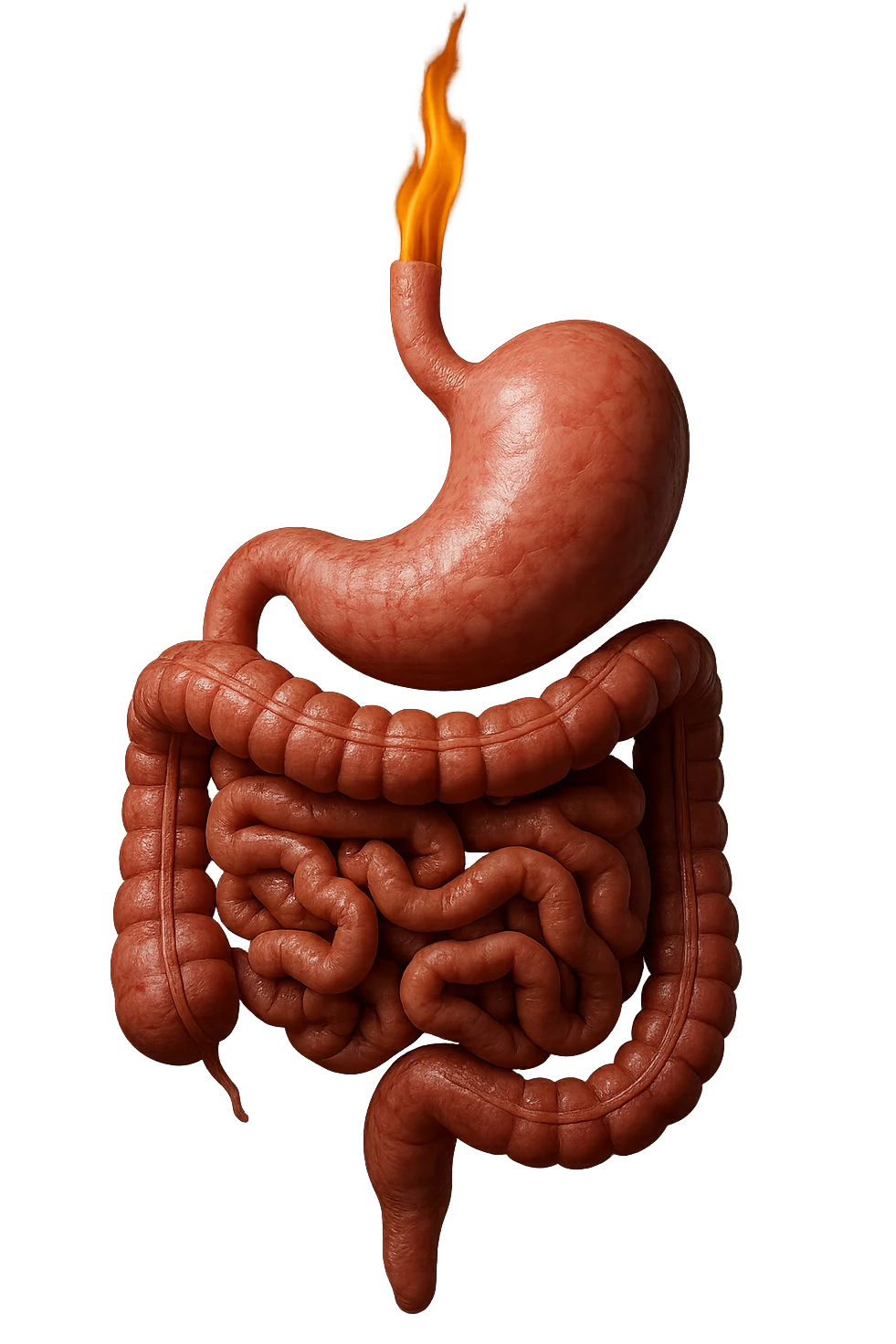 intestino e stomaco sono collegati, con una fiamma che brucia sopra, iperrealistico 4k, non disegnato emoji