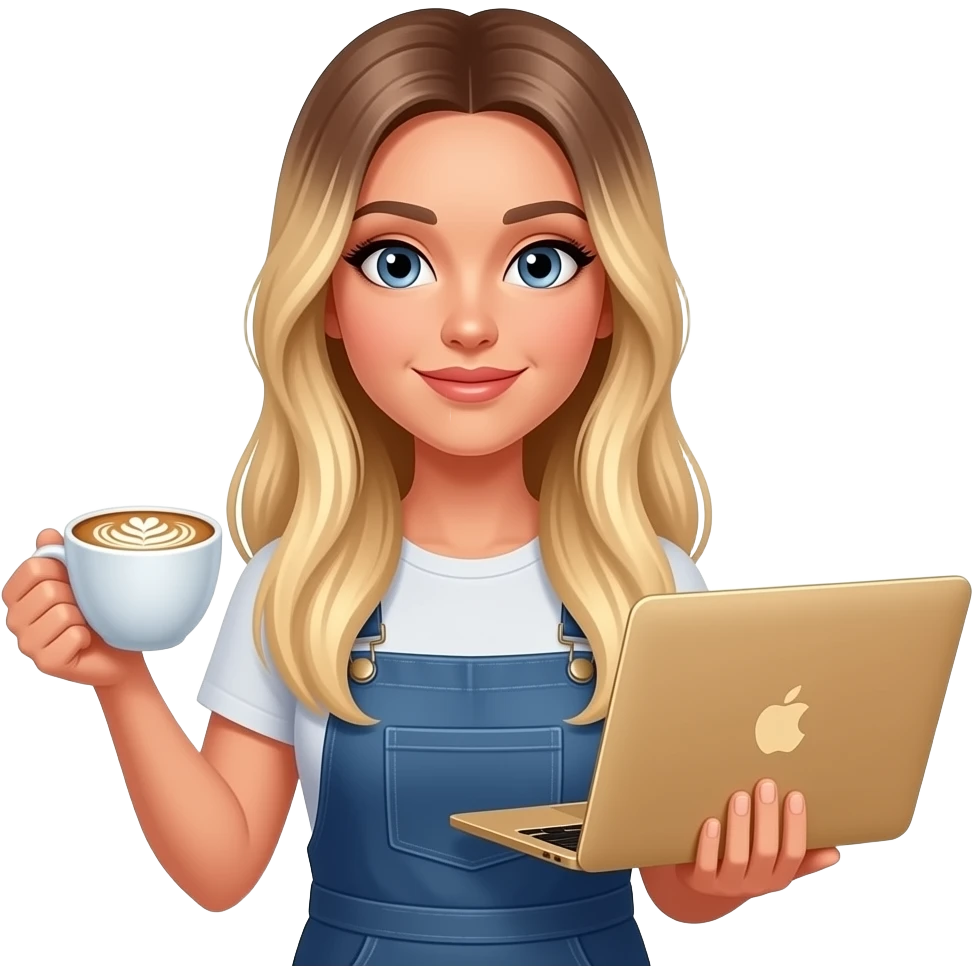 grey eye woman with long straight blond hair down to the hips, with light ombré with late art coffee and MacBook gold in other hands emoji