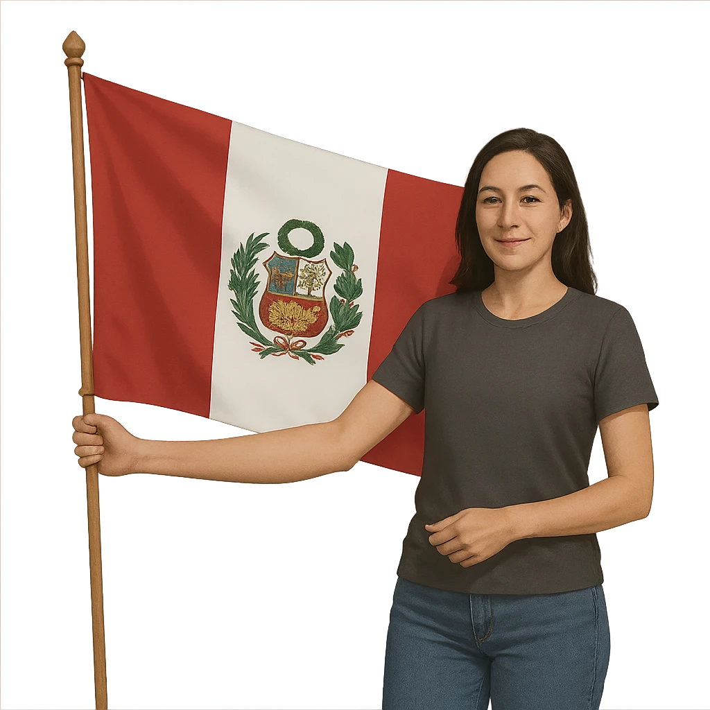 hombre o mujer sujetando la bandera nacional de Perú, estilo realista simplificado emoji