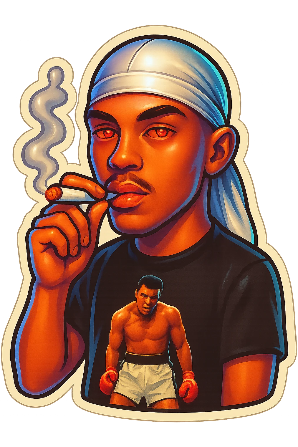 Red eyeds
Smoking weed
Change His durag To white emoji
