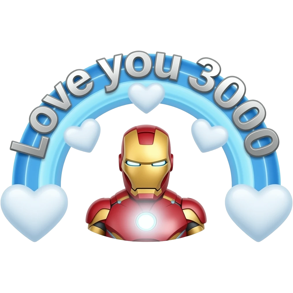 Tony Starks blue Arc in the shape of a love heart with “Love you 3000” written in the silver metal around the arc and white hearts floating around it emoji